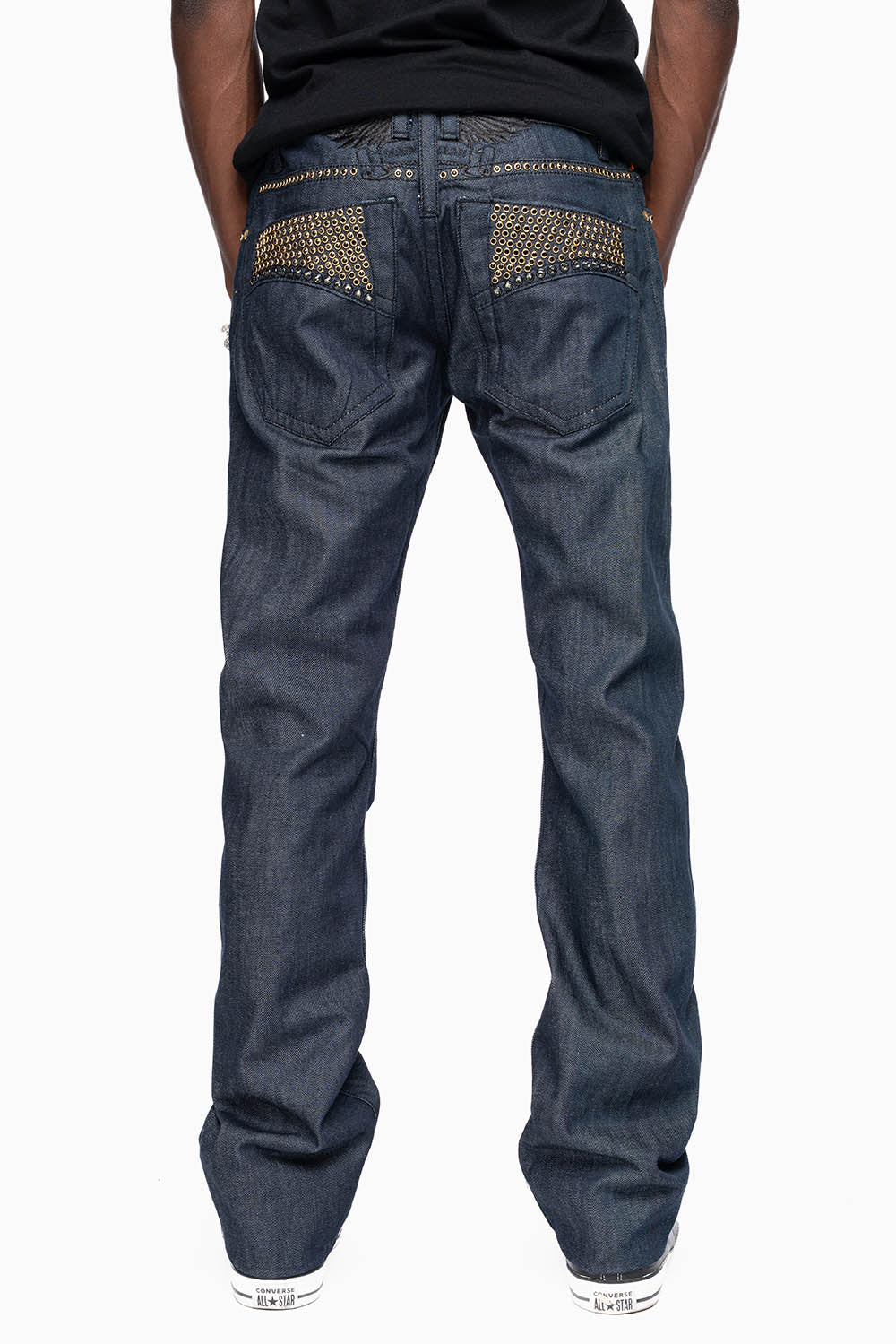 MENS CLASSIC 5 POCKET STRAIGHT LEG JEANS IN RAW DENIM BLK STITCHING FULLY EMBELLISHED WITH  CRYSTALS