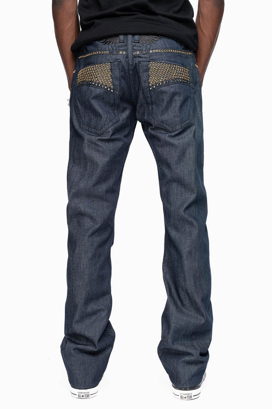 MENS CLASSIC 5 POCKET STRAIGHT LEG JEANS IN RAW DENIM BLK STITCHING FULLY EMBELLISHED WITH  CRYSTALS