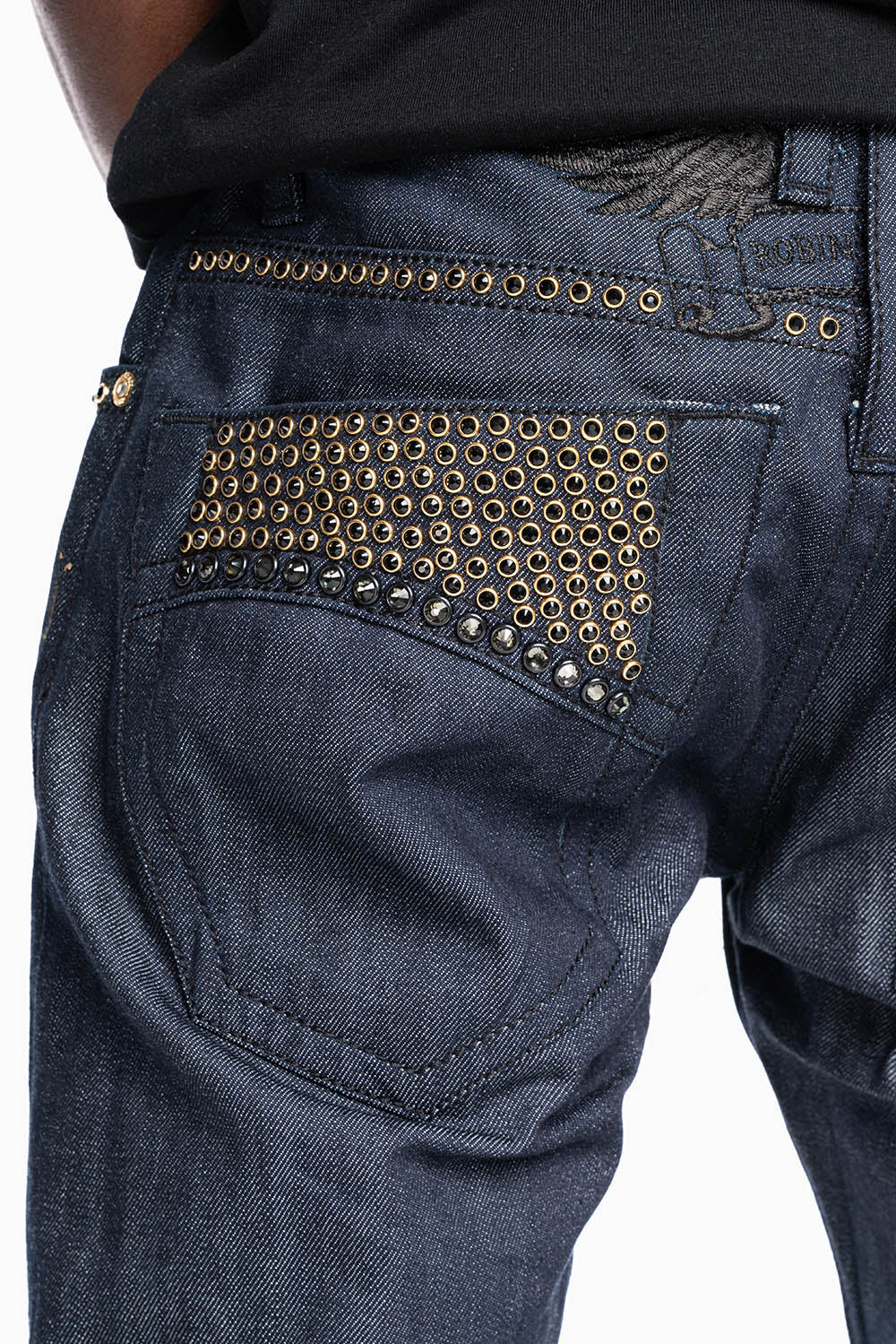 MENS CLASSIC 5 POCKET STRAIGHT LEG JEANS IN RAW DENIM BLK STITCHING FULLY EMBELLISHED WITH  CRYSTALS