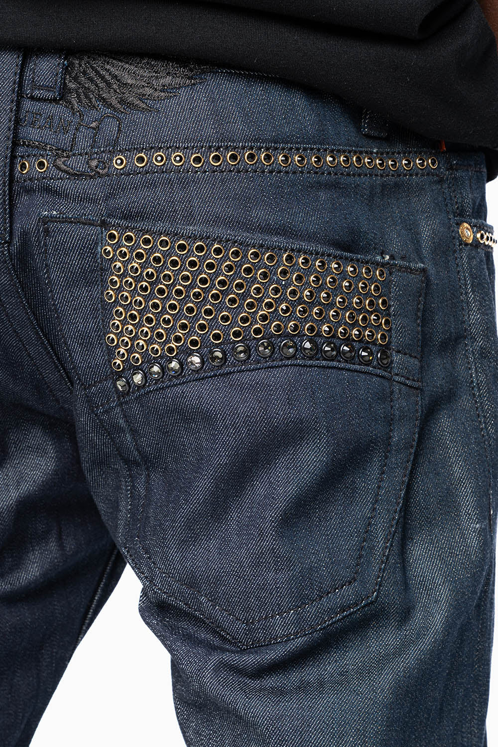 MENS CLASSIC 5 POCKET STRAIGHT LEG JEANS IN RAW DENIM BLK STITCHING FULLY EMBELLISHED WITH  CRYSTALS