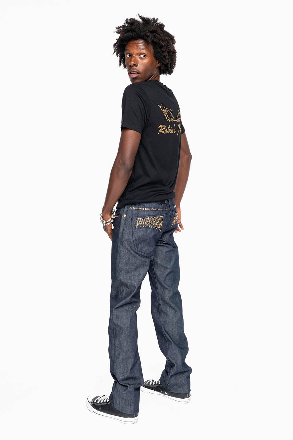 MENS CLASSIC 5 POCKET STRAIGHT LEG JEANS IN RAW DENIM BLK STITCHING FULLY EMBELLISHED WITH  CRYSTALS