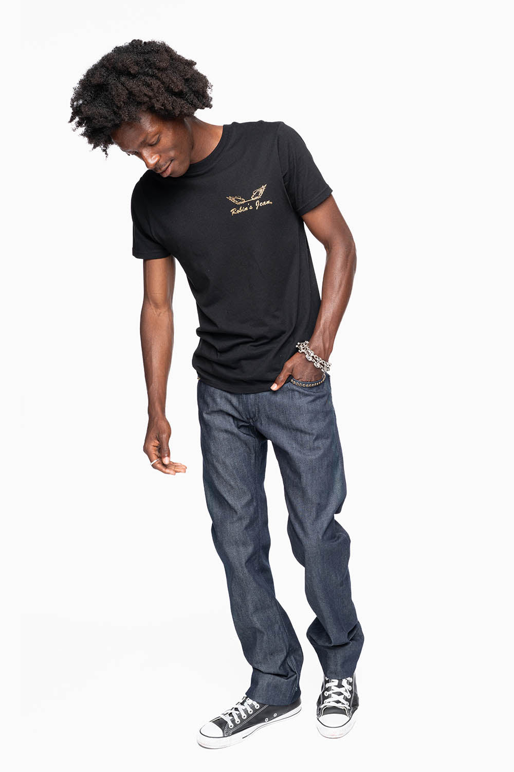 MENS CLASSIC 5 POCKET STRAIGHT LEG JEANS IN RAW DENIM BLK STITCHING FULLY EMBELLISHED WITH  CRYSTALS
