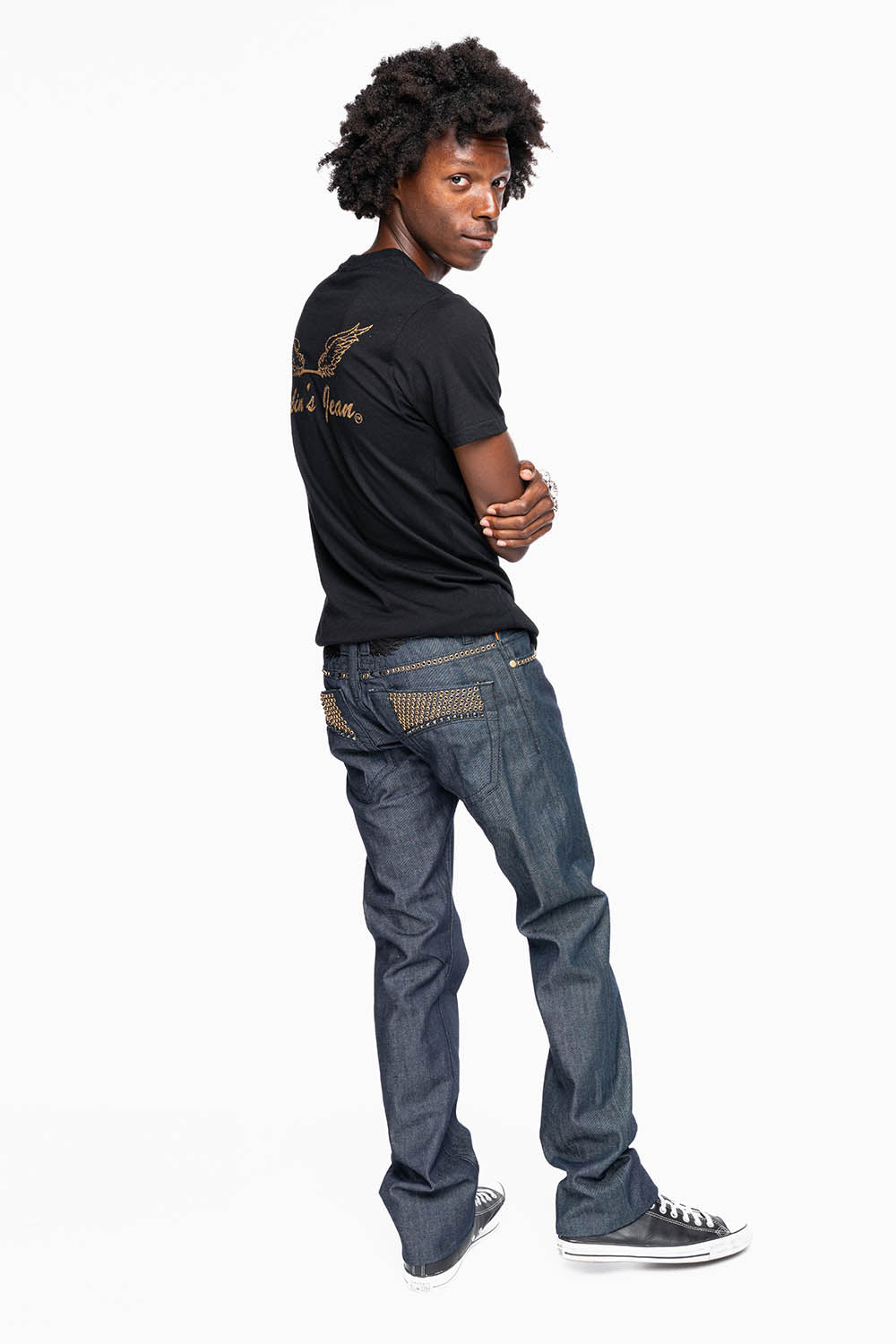 MENS CLASSIC 5 POCKET STRAIGHT LEG JEANS IN RAW DENIM BLK STITCHING FULLY EMBELLISHED WITH  CRYSTALS