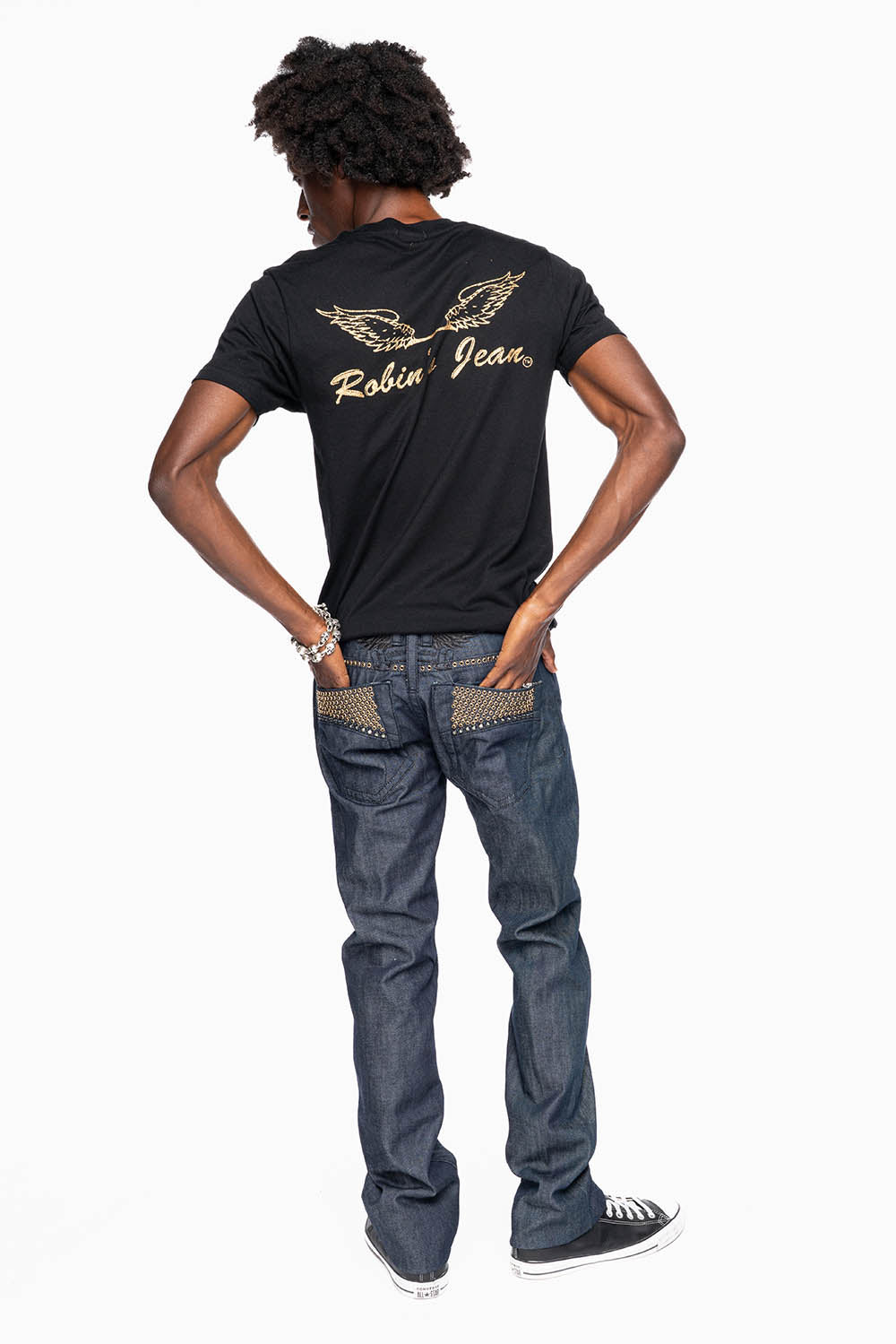 MENS CLASSIC 5 POCKET STRAIGHT LEG JEANS IN RAW DENIM BLK STITCHING FULLY EMBELLISHED WITH  CRYSTALS