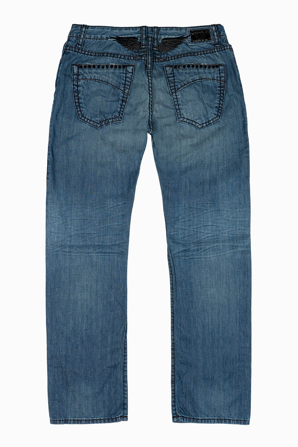 MENS CLASSIC 5 POCKET STRAIGHT LEG JEANS IN 3D MEDIUM WASH WITH XLARGE CRYSTALS