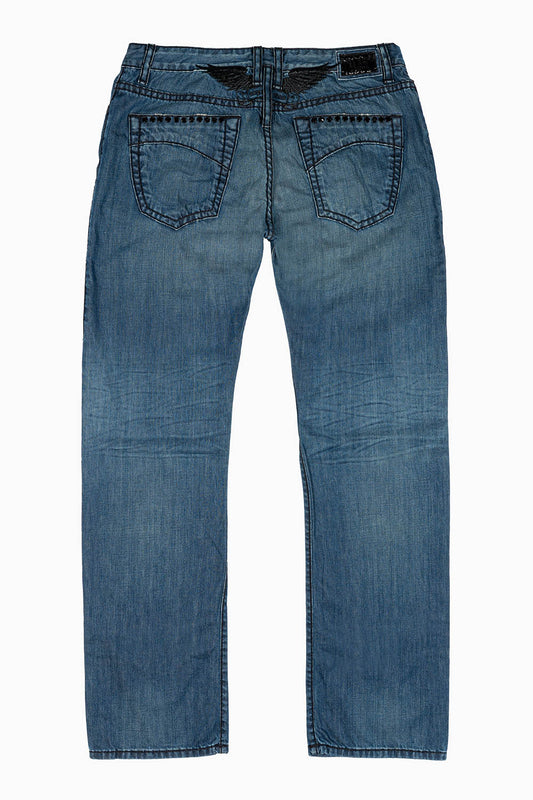 MENS CLASSIC 5 POCKET STRAIGHT LEG JEANS IN 3D MEDIUM WASH WITH XLARGE CRYSTALS