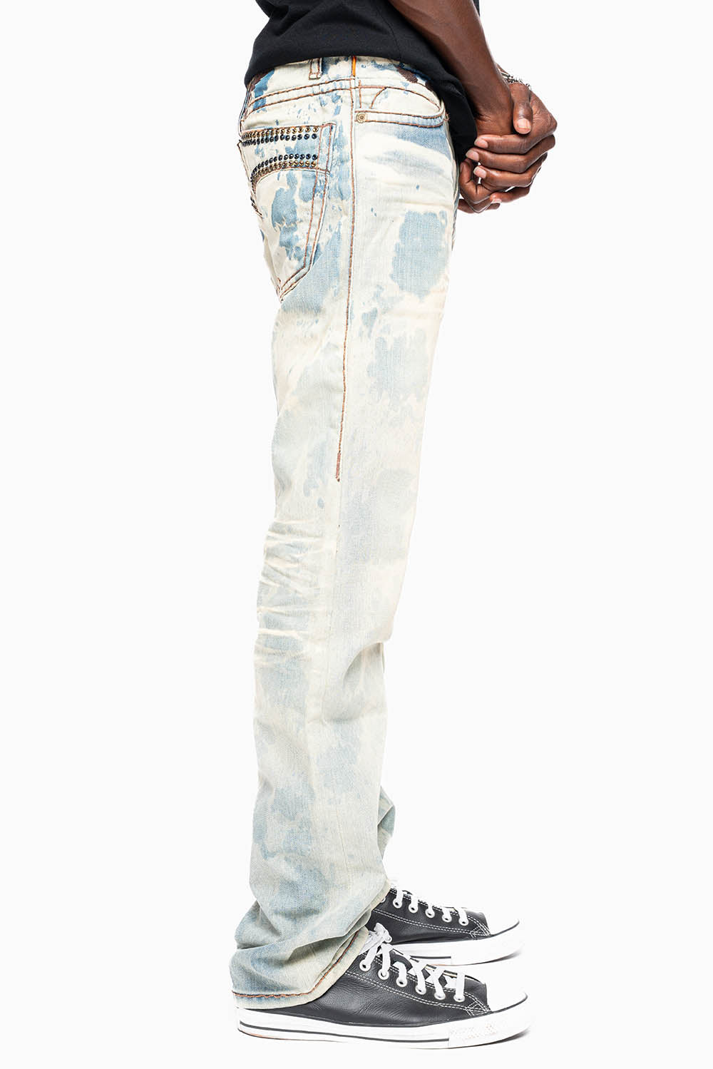 MENS CLASSIC 5 POCKET STRAIGHT LEG JEANS IN NEW JAPAN MEDIUM WASH WITH CRYSTALS