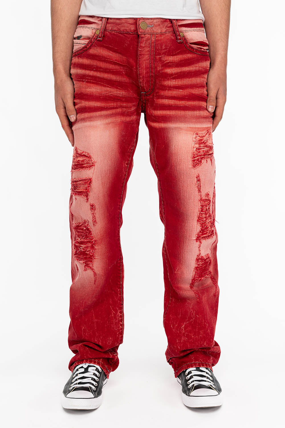 HEAVY STITCH JEANS IN F-UP RED WITH WHITE CONTRAST