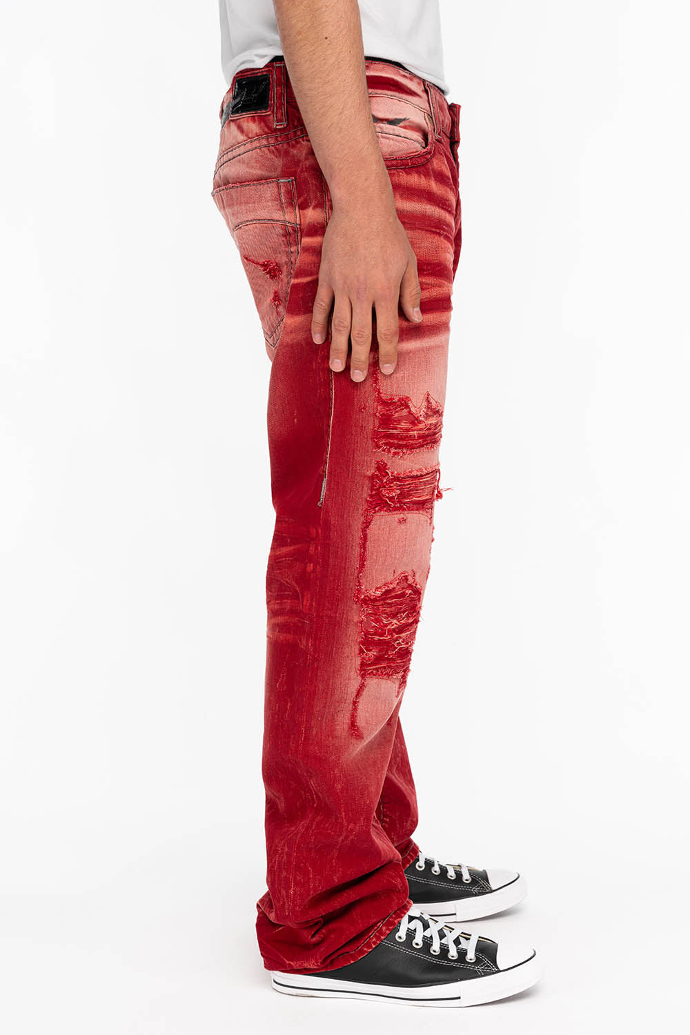 Shops red jeans white stitching