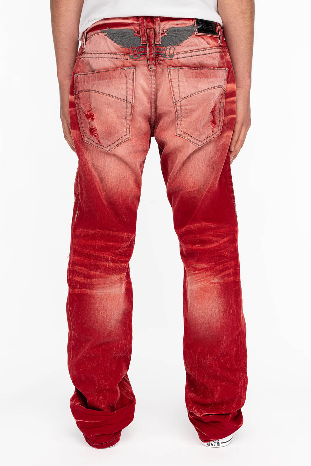 HEAVY STITCH JEANS IN F-UP RED WITH WHITE CONTRAST