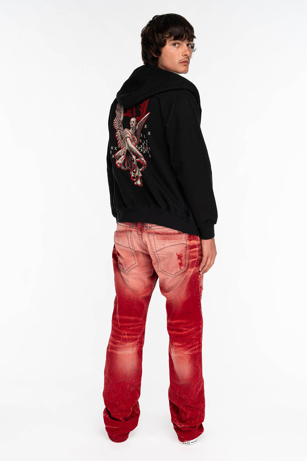 HEAVY STITCH JEANS IN F-UP RED WITH WHITE CONTRAST