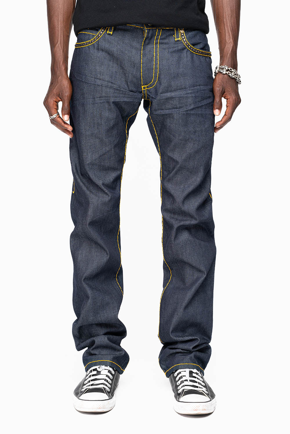 MENS CLASSIC 5 POCKET STRAIGHT LEG JEANS IN RAW DENIM  HEAVY ORANGE  STITCHING  WITH CRYSTALS