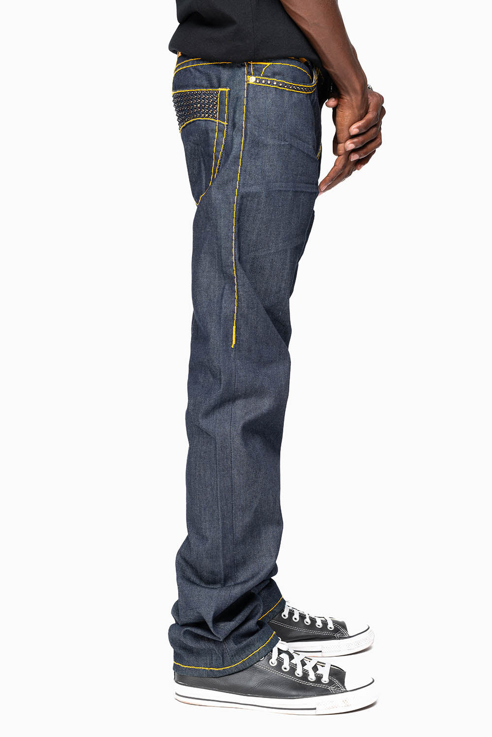 MENS CLASSIC 5 POCKET STRAIGHT LEG JEANS IN RAW DENIM  HEAVY ORANGE  STITCHING  WITH CRYSTALS