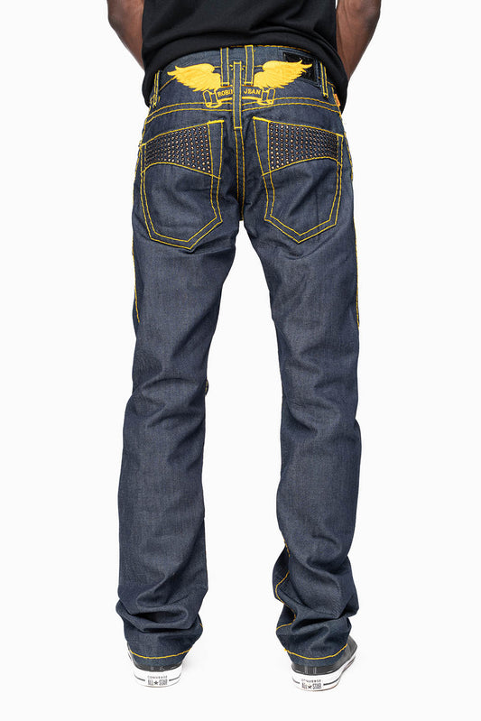 MENS CLASSIC 5 POCKET STRAIGHT LEG JEANS IN RAW DENIM  HEAVY ORANGE  STITCHING  WITH CRYSTALS