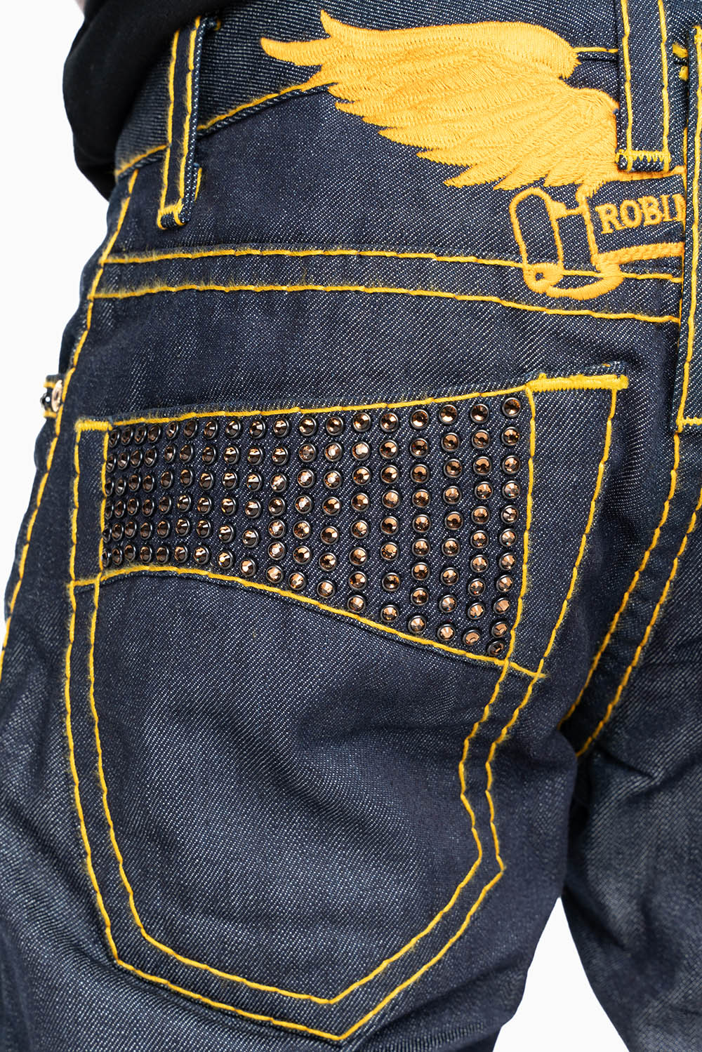 MENS CLASSIC 5 POCKET STRAIGHT LEG JEANS IN RAW DENIM  HEAVY ORANGE  STITCHING  WITH CRYSTALS