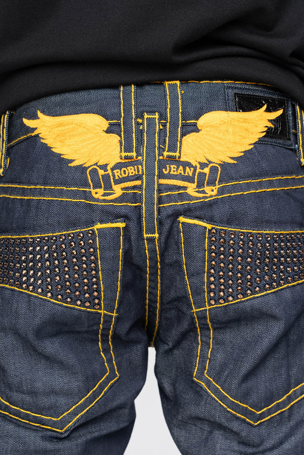 MENS CLASSIC 5 POCKET STRAIGHT LEG JEANS IN RAW DENIM  HEAVY ORANGE  STITCHING  WITH CRYSTALS