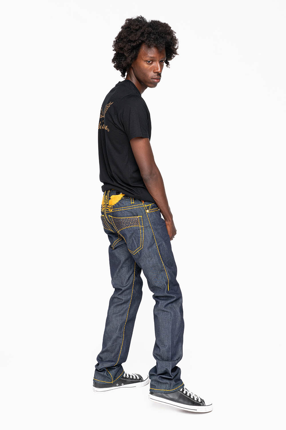 MENS CLASSIC 5 POCKET STRAIGHT LEG JEANS IN RAW DENIM  HEAVY ORANGE  STITCHING  WITH CRYSTALS