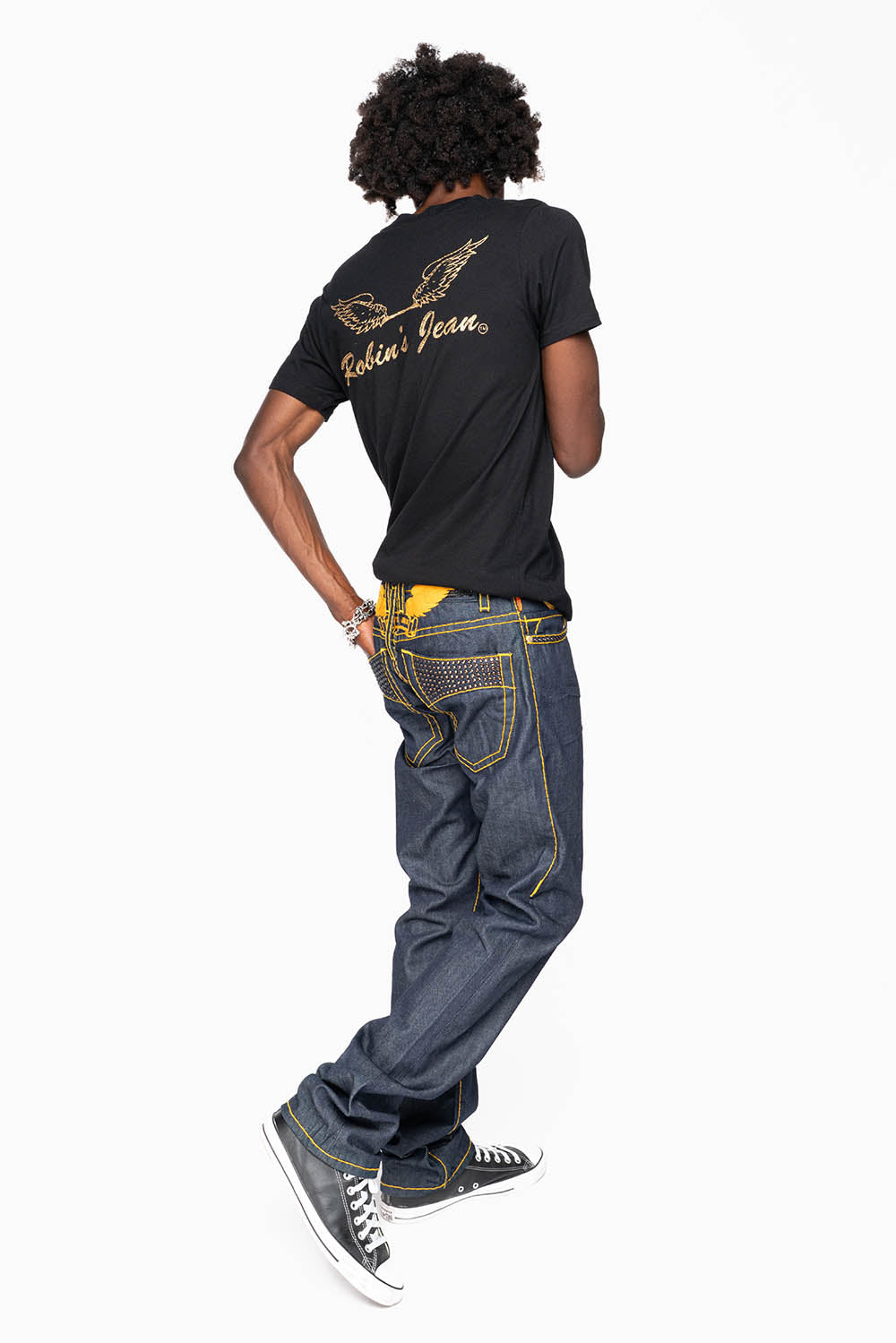 MENS CLASSIC 5 POCKET STRAIGHT LEG JEANS IN RAW DENIM  HEAVY ORANGE  STITCHING  WITH CRYSTALS