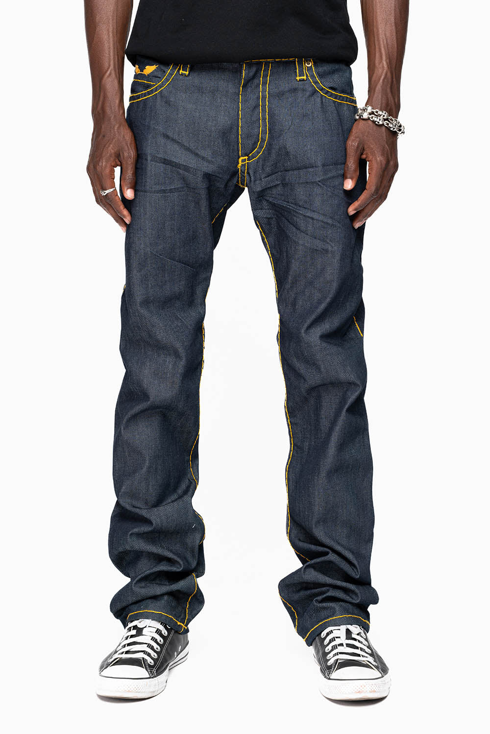 MENS CLASSIC 5 POCKET STRAIGHT LEG JEANS IN RAW DENIM  WITH HEAVY ORANGE  STITCHING