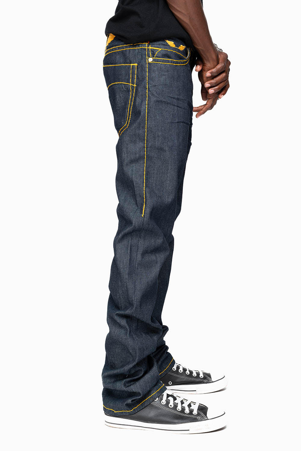 MENS CLASSIC 5 POCKET STRAIGHT LEG JEANS IN RAW DENIM  WITH HEAVY ORANGE  STITCHING