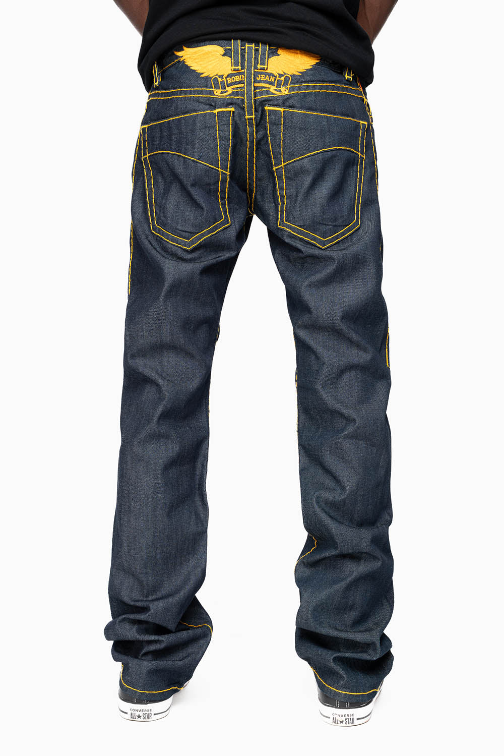 MENS CLASSIC 5 POCKET STRAIGHT LEG JEANS IN RAW DENIM  WITH HEAVY ORANGE  STITCHING