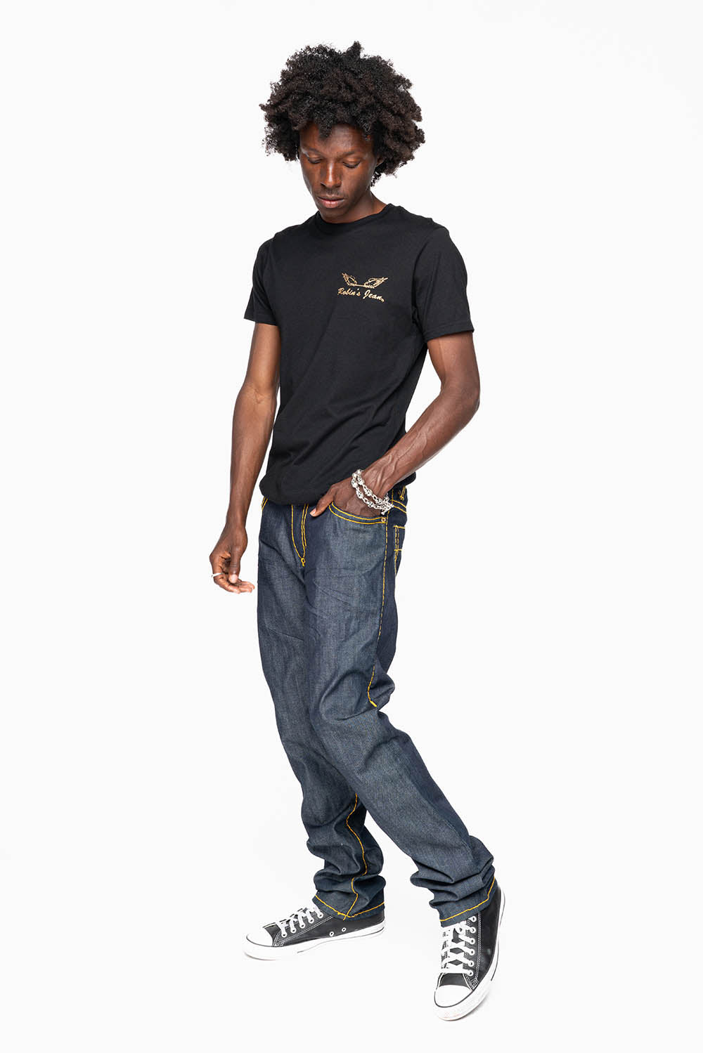 MENS CLASSIC 5 POCKET STRAIGHT LEG JEANS IN RAW DENIM  WITH HEAVY ORANGE  STITCHING