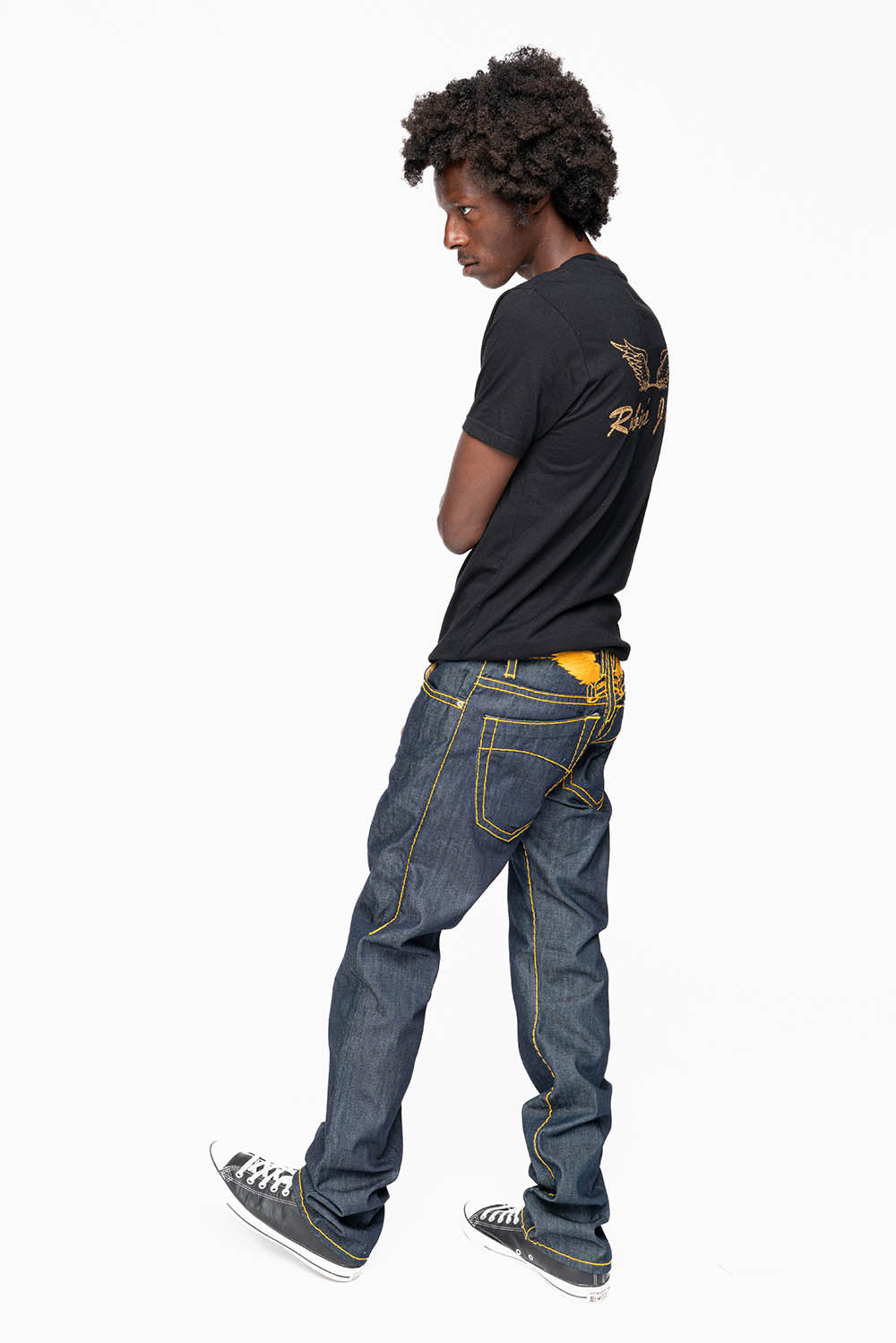 MENS CLASSIC 5 POCKET STRAIGHT LEG JEANS IN RAW DENIM  WITH HEAVY ORANGE  STITCHING