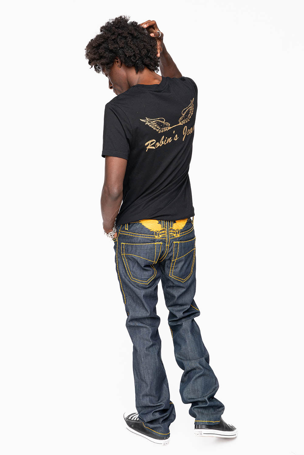 MENS CLASSIC 5 POCKET STRAIGHT LEG JEANS IN RAW DENIM  WITH HEAVY ORANGE  STITCHING