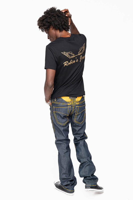 MENS CLASSIC 5 POCKET STRAIGHT LEG JEANS IN RAW DENIM  WITH HEAVY ORANGE  STITCHING