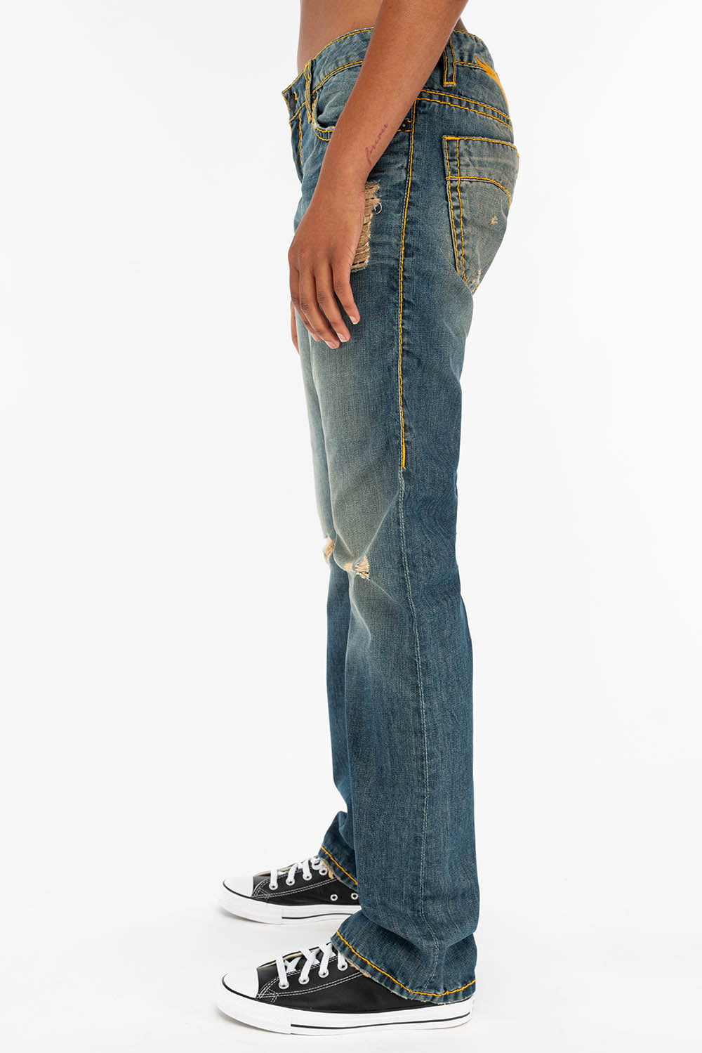 HEAVY ORANGE STITCH STRAIGHT LEG JEANS IN DESTROY VINTAGE BLUE WASH