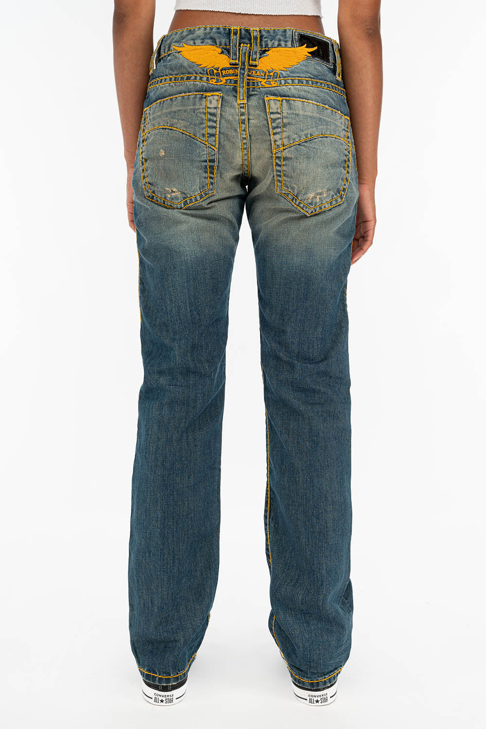 HEAVY ORANGE STITCH STRAIGHT LEG JEANS IN DESTROY VINTAGE BLUE WASH