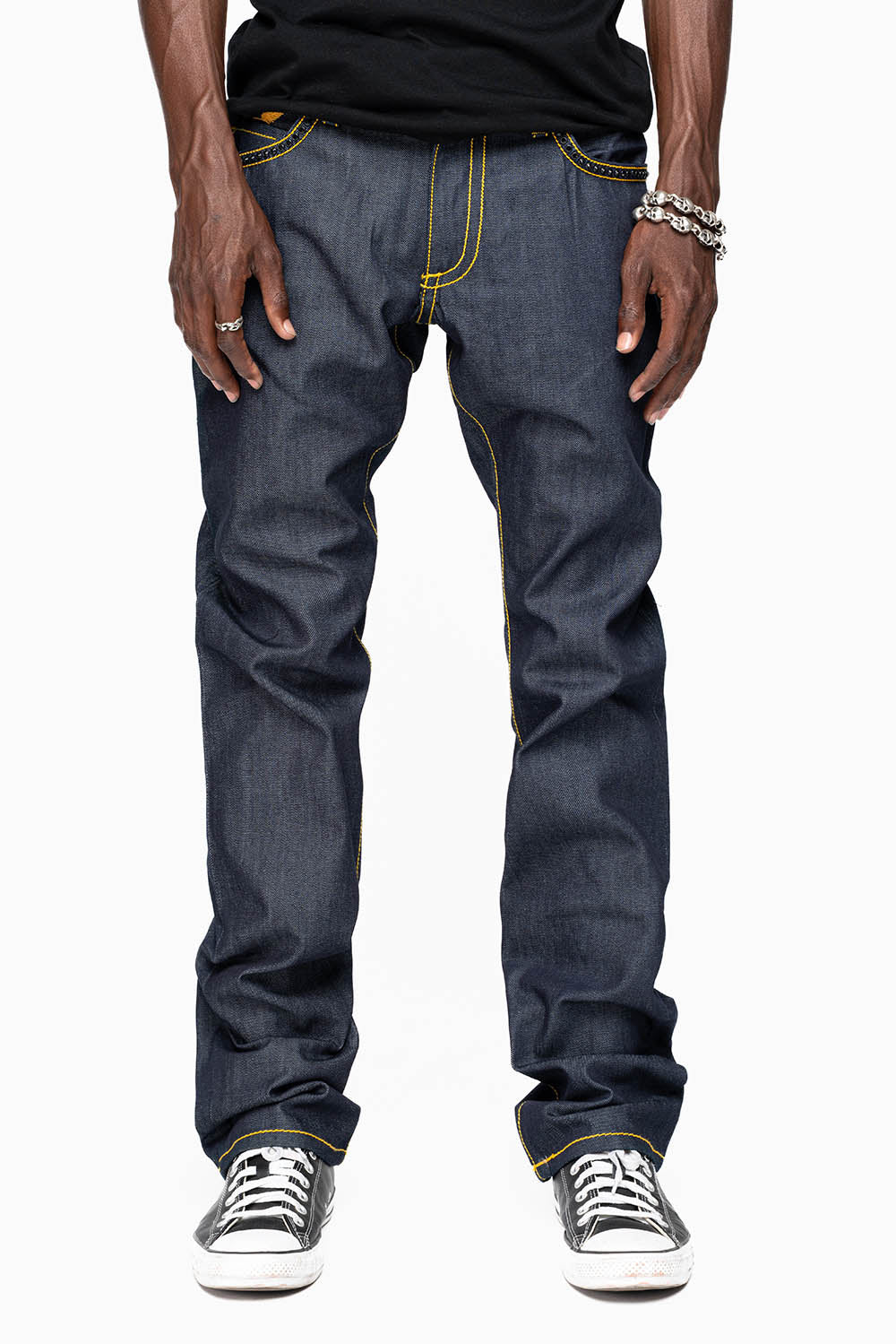 MENS CLASSIC 5 POCKET STRAIGHT LEG JEANS IN RAW DENIM  ORANGE  STICH WITH CRYSTALS