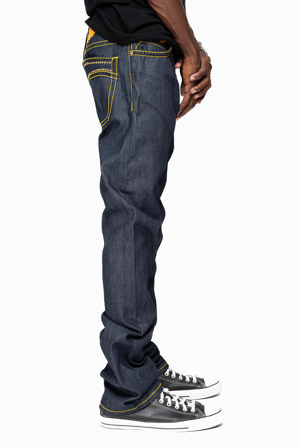 MENS CLASSIC 5 POCKET STRAIGHT LEG JEANS IN RAW DENIM  ORANGE  STICH WITH CRYSTALS