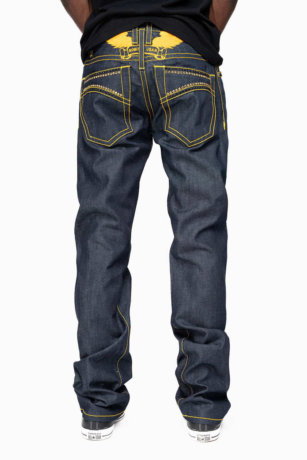MENS CLASSIC 5 POCKET STRAIGHT LEG JEANS IN RAW DENIM  ORANGE  STICH WITH CRYSTALS
