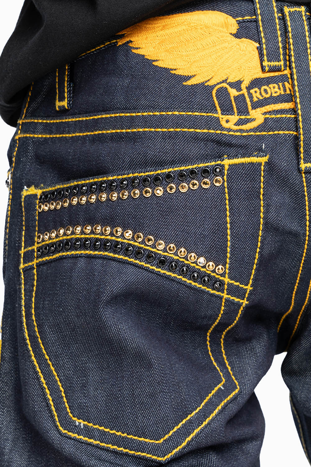 MENS CLASSIC 5 POCKET STRAIGHT LEG JEANS IN RAW DENIM  ORANGE  STICH WITH CRYSTALS