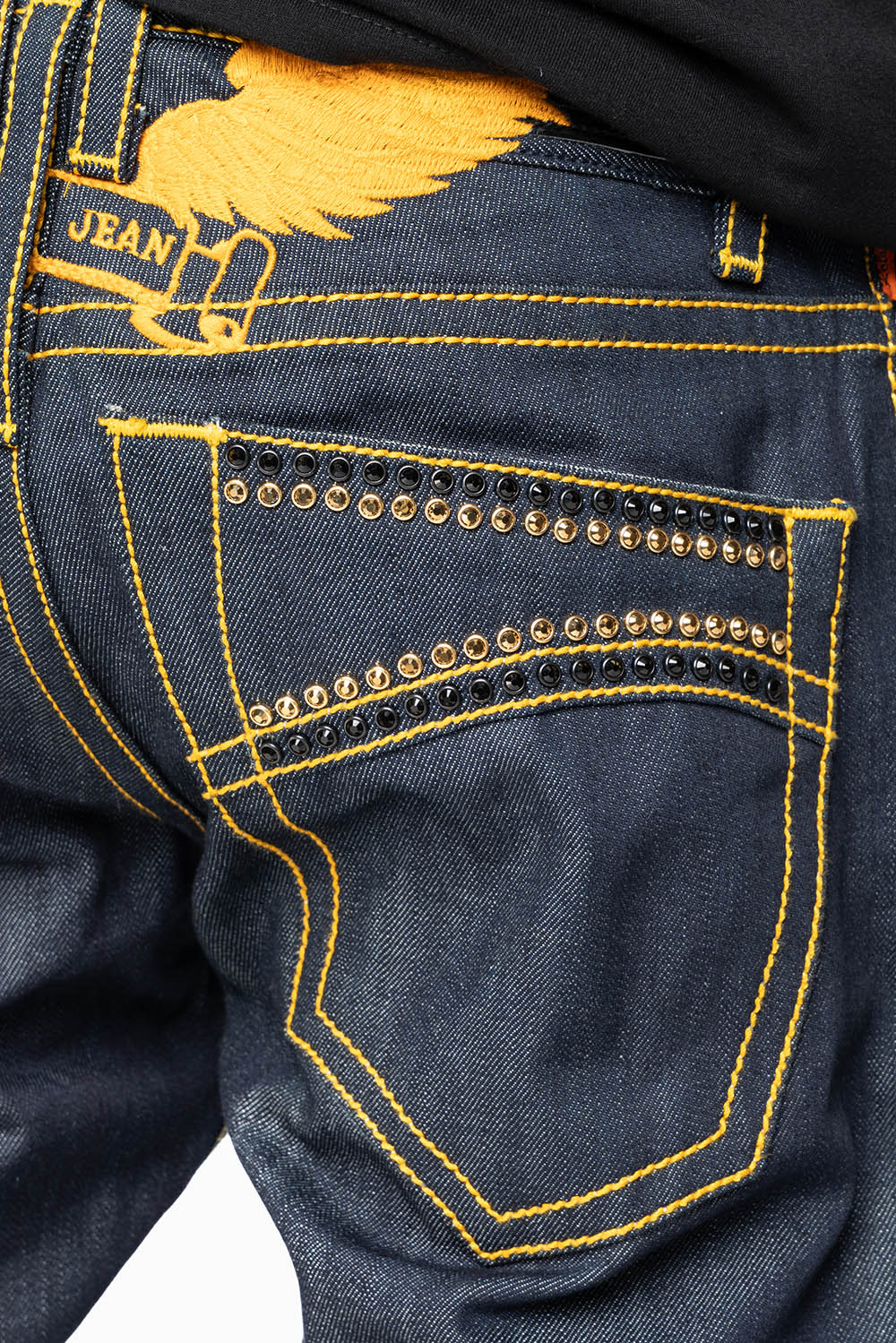 MENS CLASSIC 5 POCKET STRAIGHT LEG JEANS IN RAW DENIM  ORANGE  STICH WITH CRYSTALS