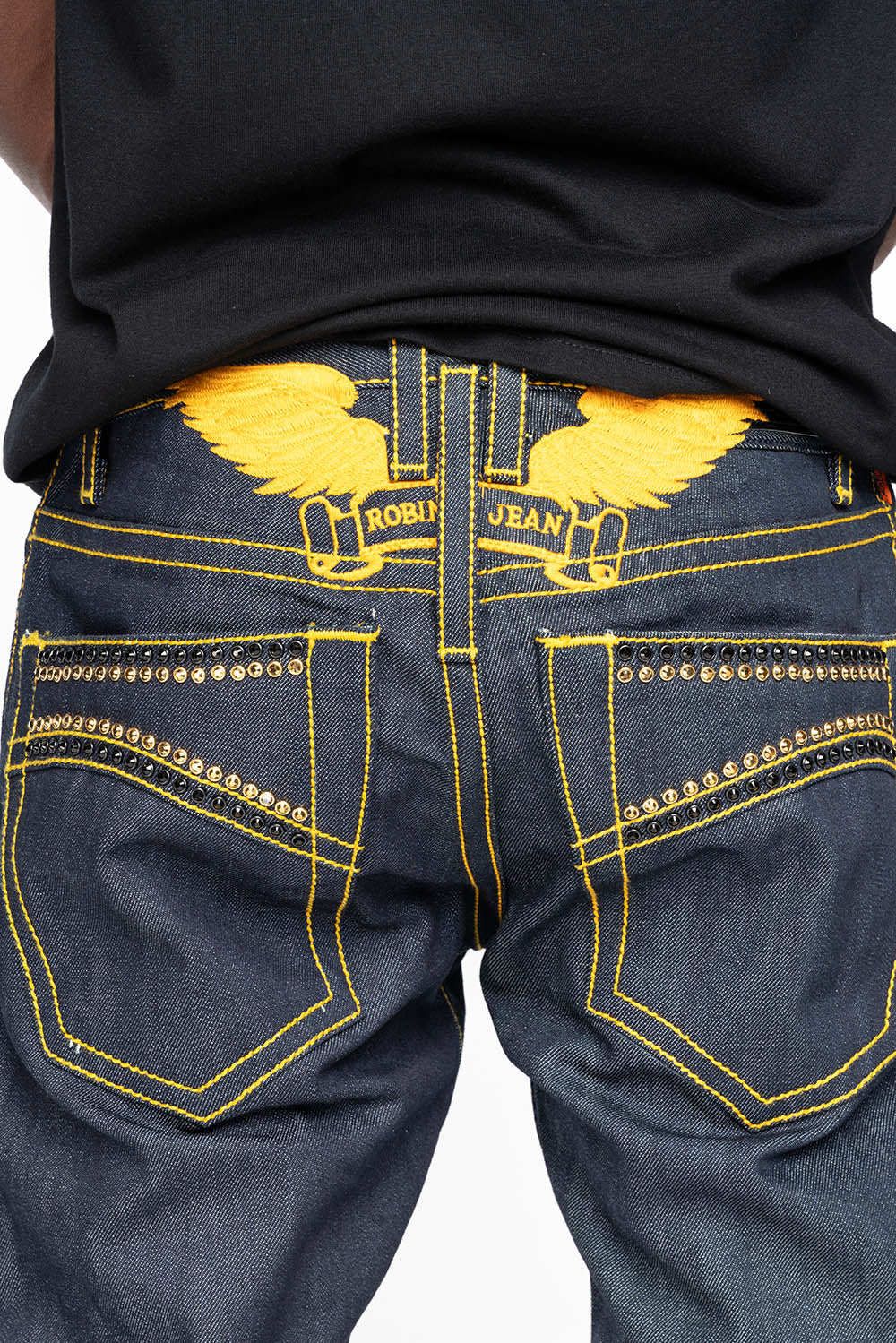 MENS CLASSIC 5 POCKET STRAIGHT LEG JEANS IN RAW DENIM  ORANGE  STICH WITH CRYSTALS