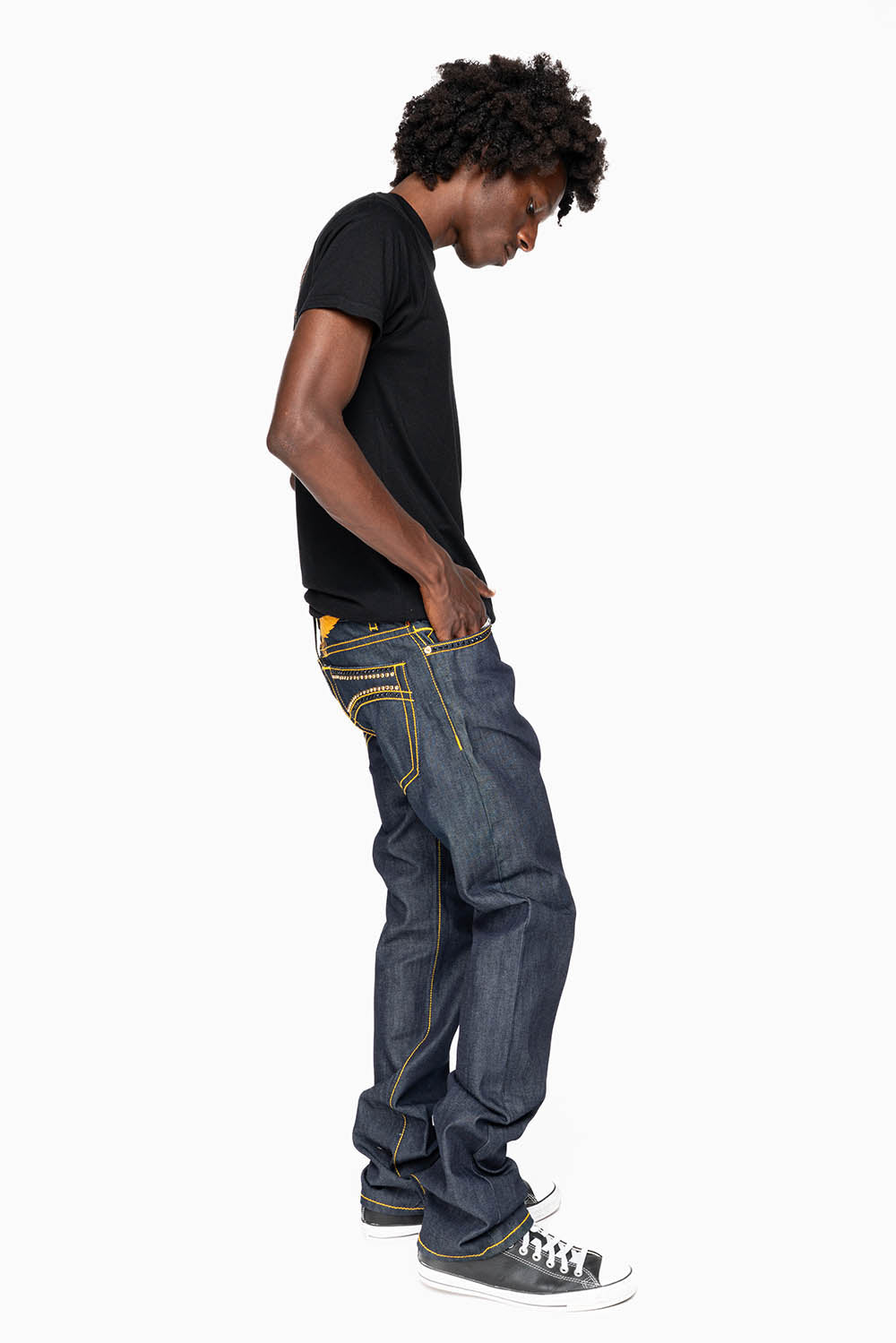 MENS CLASSIC 5 POCKET STRAIGHT LEG JEANS IN RAW DENIM  ORANGE  STICH WITH CRYSTALS