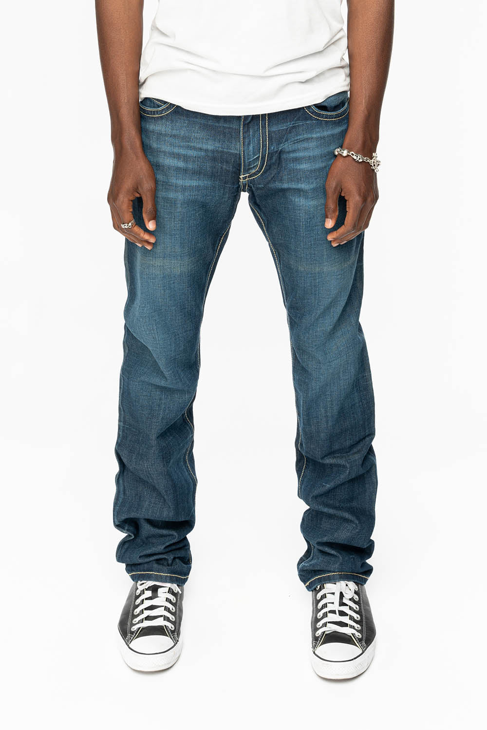 ROBIN'S FLAP STRAIGHT LEG JEANS IN DARK BLUE WASH