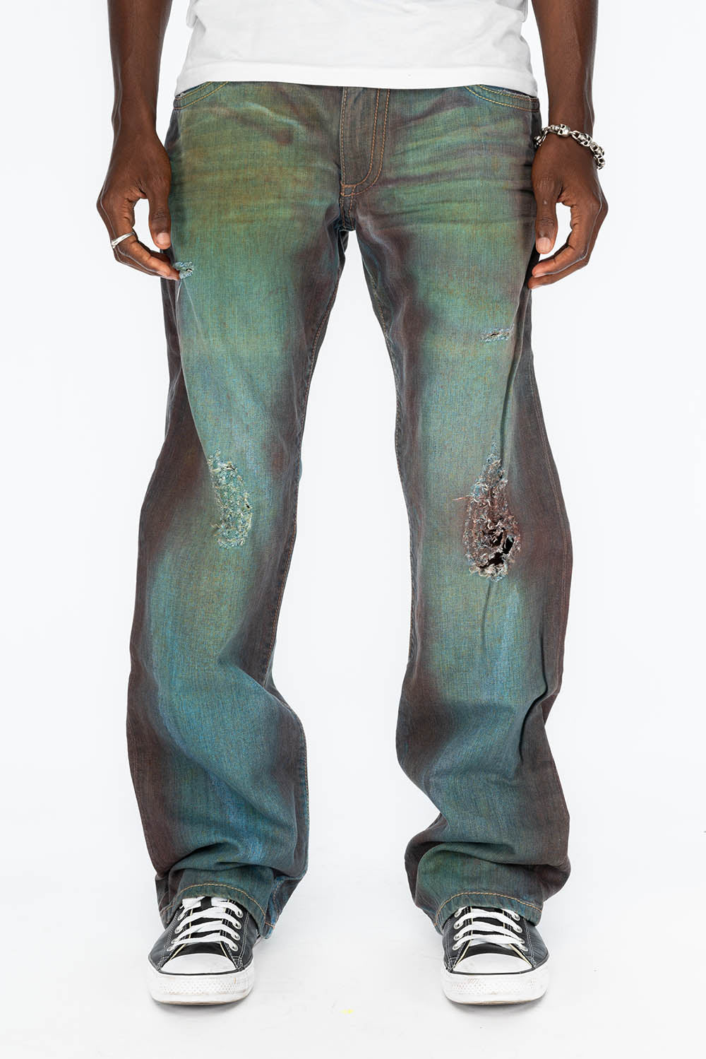 LONG FLAP STRAIGHT LEG JEANS WITH EMBROIDERY AND CRYSTALS  RUSTY BROKEN WASH