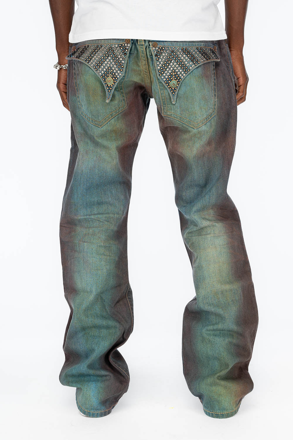 LONG FLAP STRAIGHT LEG JEANS WITH EMBROIDERY AND CRYSTALS  RUSTY BROKEN WASH