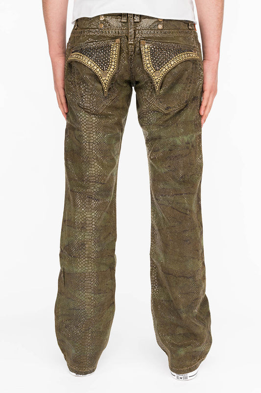 MEN'S LONG FLAP BOOT CUT JEANS IN LIZARD GREEN ARMY WITH STUDS AND CRYSTALS