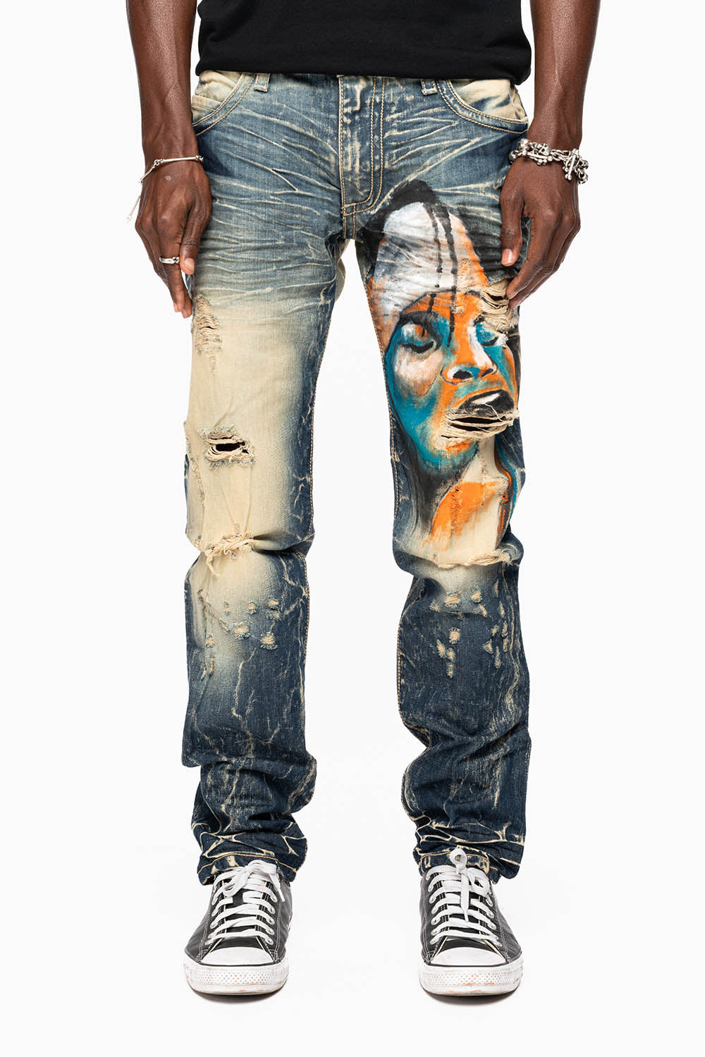 MENS LONG FLAP SLIM JEANS IN 5D DARK BROKEN WASH WITH HAND ORG PAINTED GRAPHI