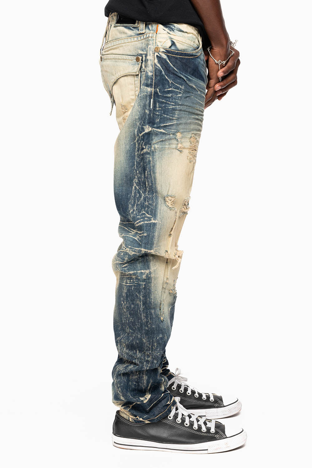 MENS LONG FLAP SLIM JEANS IN 5D DARK BROKEN WASH WITH HAND ORG PAINTED GRAPHI