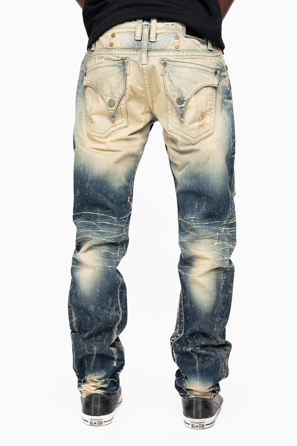 MENS LONG FLAP SLIM JEANS IN 5D DARK BROKEN WASH WITH HAND ORG PAINTED GRAPHI