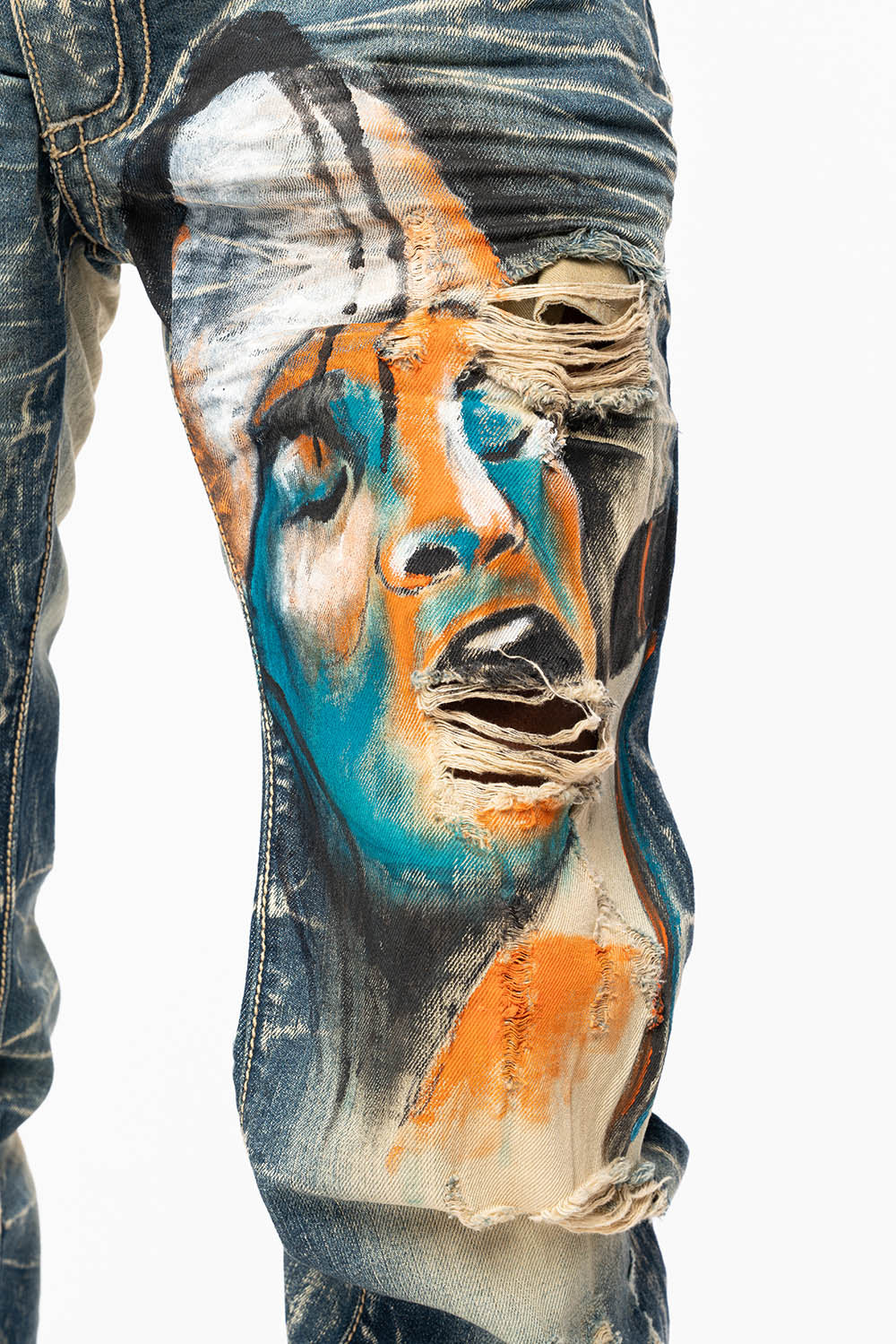 MENS LONG FLAP SLIM JEANS IN 5D DARK BROKEN WASH WITH HAND ORG PAINTED GRAPHI