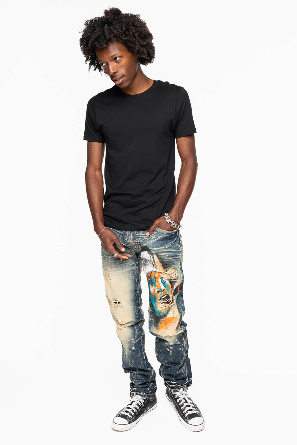 MENS LONG FLAP SLIM JEANS IN 5D DARK BROKEN WASH WITH HAND ORG PAINTED GRAPHI