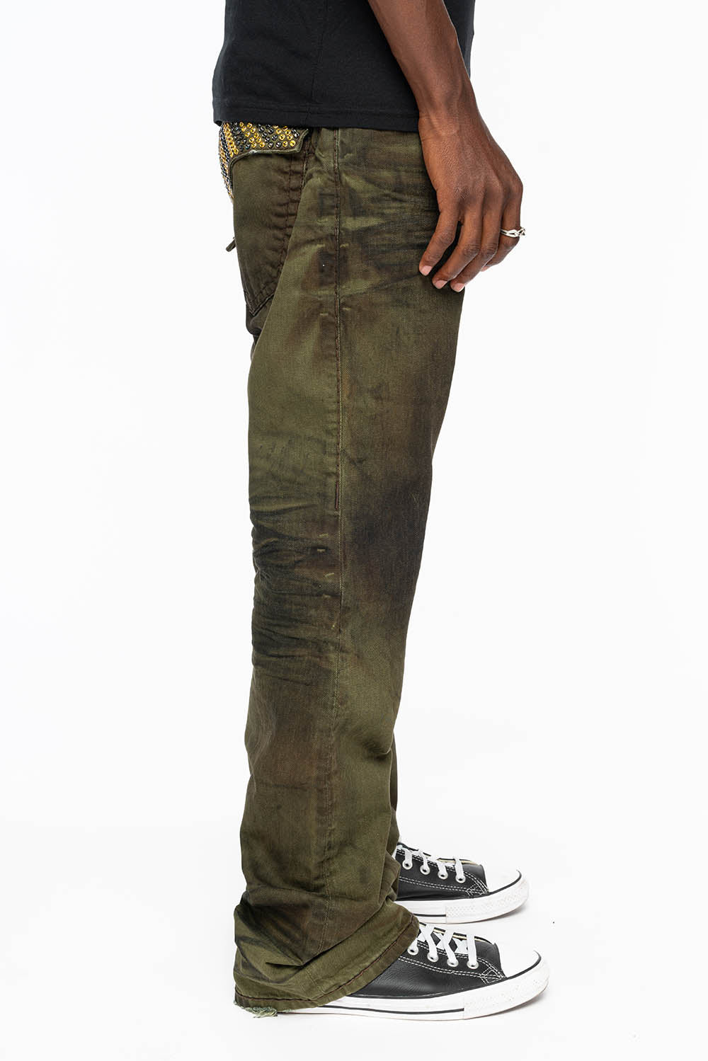 MENS LONG FLAP  BOOT CUT JEANS WITH  CRYSTALS IN FASHION VINTAGE GREEN