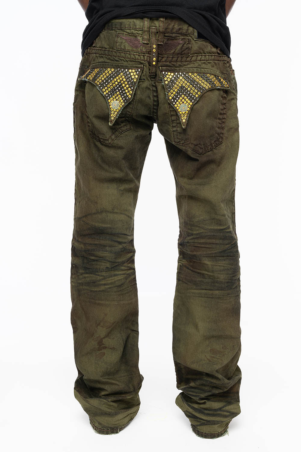 MENS LONG FLAP  BOOT CUT JEANS WITH  CRYSTALS IN FASHION VINTAGE GREEN