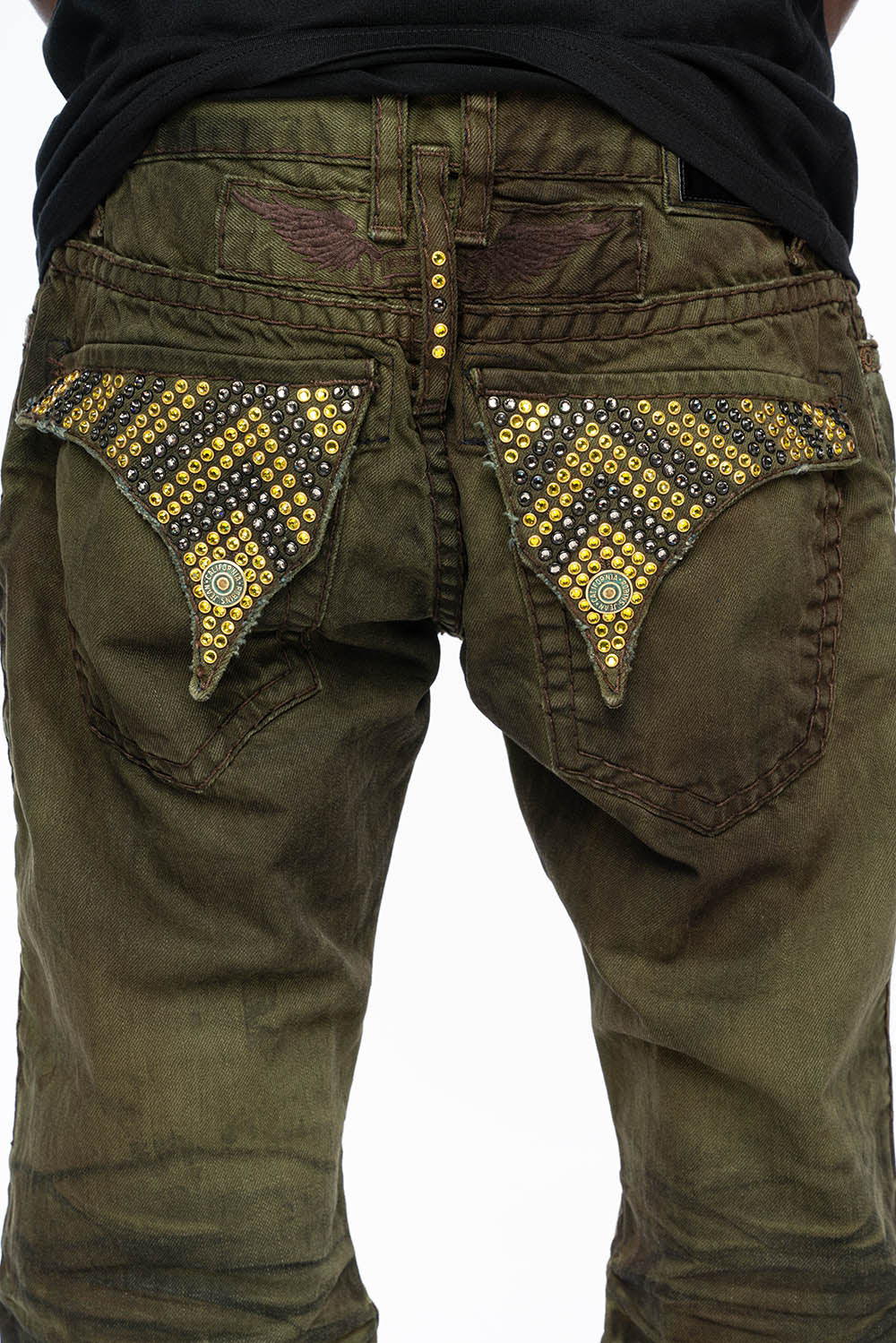 MENS LONG FLAP  BOOT CUT JEANS WITH  CRYSTALS IN FASHION VINTAGE GREEN